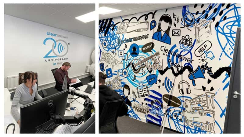 A collage of the Clear Answer wall vinyl and the blue graffiti wall graphic.